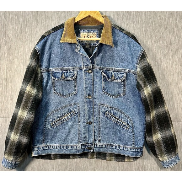 Vtg EXP Jeans By Express Denim Flannel Corduroy Button Up Jacket Women Sz Large - Picture 1 of 9
